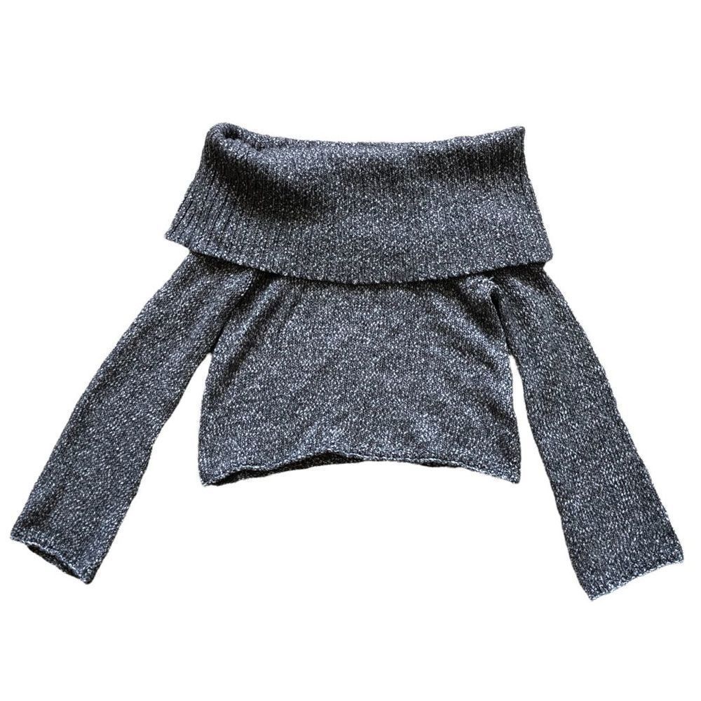 AERIE size XS Off The Shoulder Crop Sweater Grey Bell Sleeve 0041